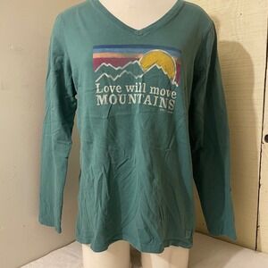 Life is Good Crusher Tee Womens Large Green Long Sleeve v-neck Love‎ Mountains